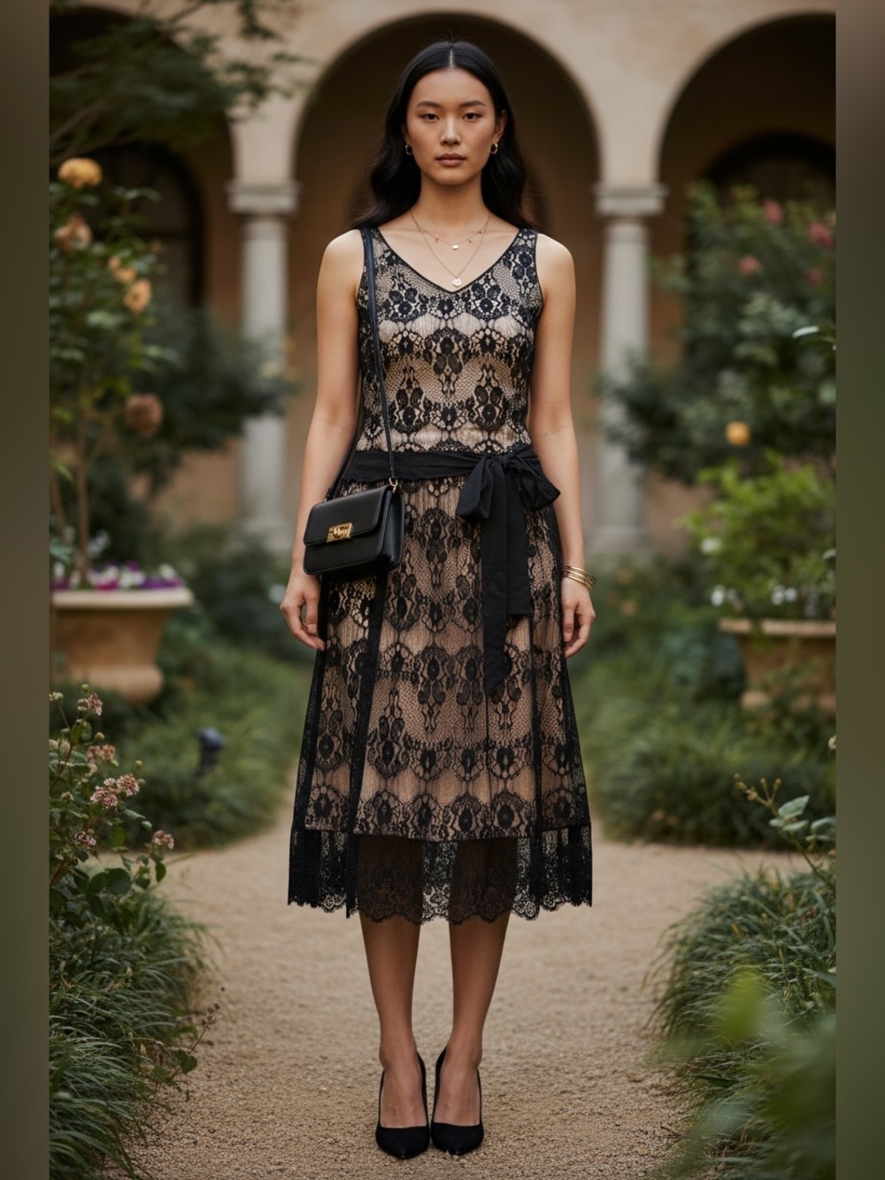Jonathan Martin Size 8 Black Lace Champagne Lined Midi Dress Sash Y2K Goth